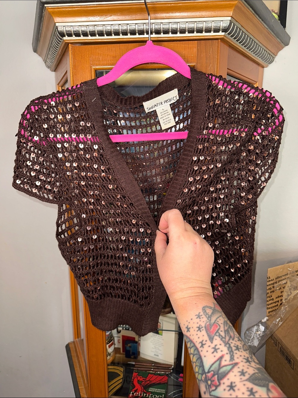 Sweater Project Brown Open-Knit Short-Sleeve Cardigan with Sequin Detail